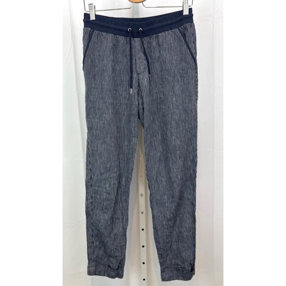 ATHLETA Stripe Bali Linen Ankle Pants 211380 Drawstring Waist Navy Blue TALL 6T - Picture 1 of 8